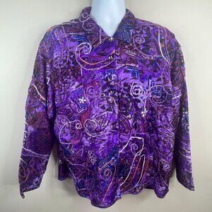 Vintage Art To Wear Silk Top Womens Xlarge Bold Purple Button Up Embroidered